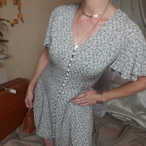 Vintage Dresses & Skirts - Vintage Mint Green Floral Button-Front Dress